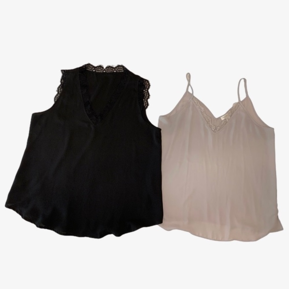 Two camisoles with lace trim, size L. One steel gray, one black.